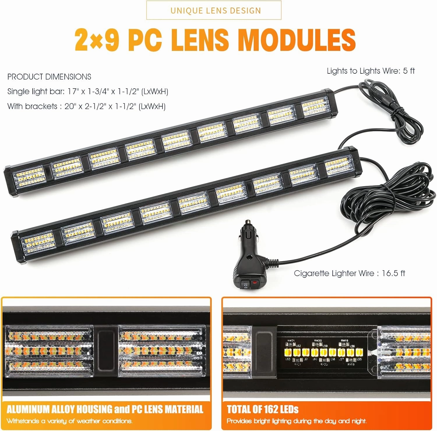 BooYu [Upgraded Switchable 4 Colors Emergency Strobe Traffic Advisor Light Bar 162 LED Windshield 2 in 1 Visor Safety Warning Hazard Flashing Lights for Firefighter Police Truck Vehicle (Amber/Blue)