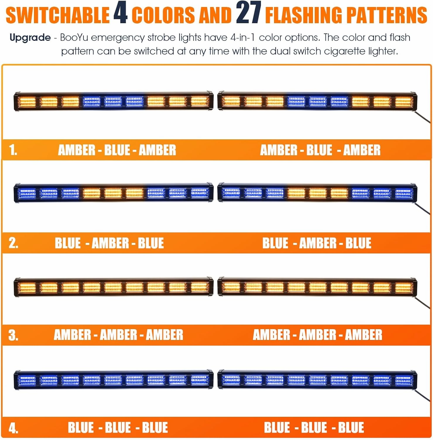 BooYu [Upgraded Switchable 4 Colors Emergency Strobe Traffic Advisor Light Bar 162 LED Windshield 2 in 1 Visor Safety Warning Hazard Flashing Lights for Firefighter Police Truck Vehicle (Amber/Blue)