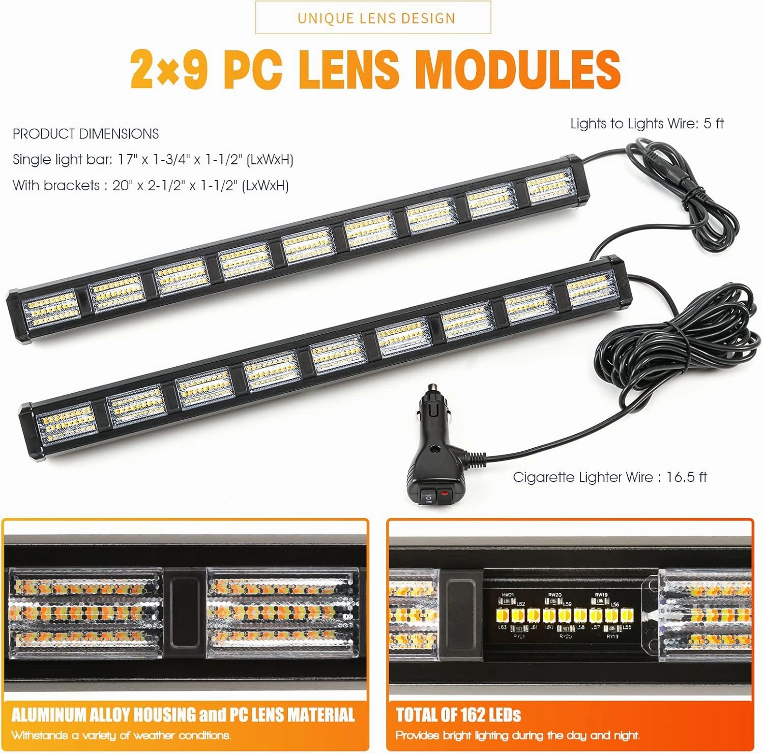 BooYu [Upgraded] Switchable 4 Colors Emergency Strobe Traffic Advisor Light Bar 162 LED Windshield 2 in 1 Visor Safety Warning Hazard Flashing Lights for Firefighter Police Truck Vehicle (Amber/White)