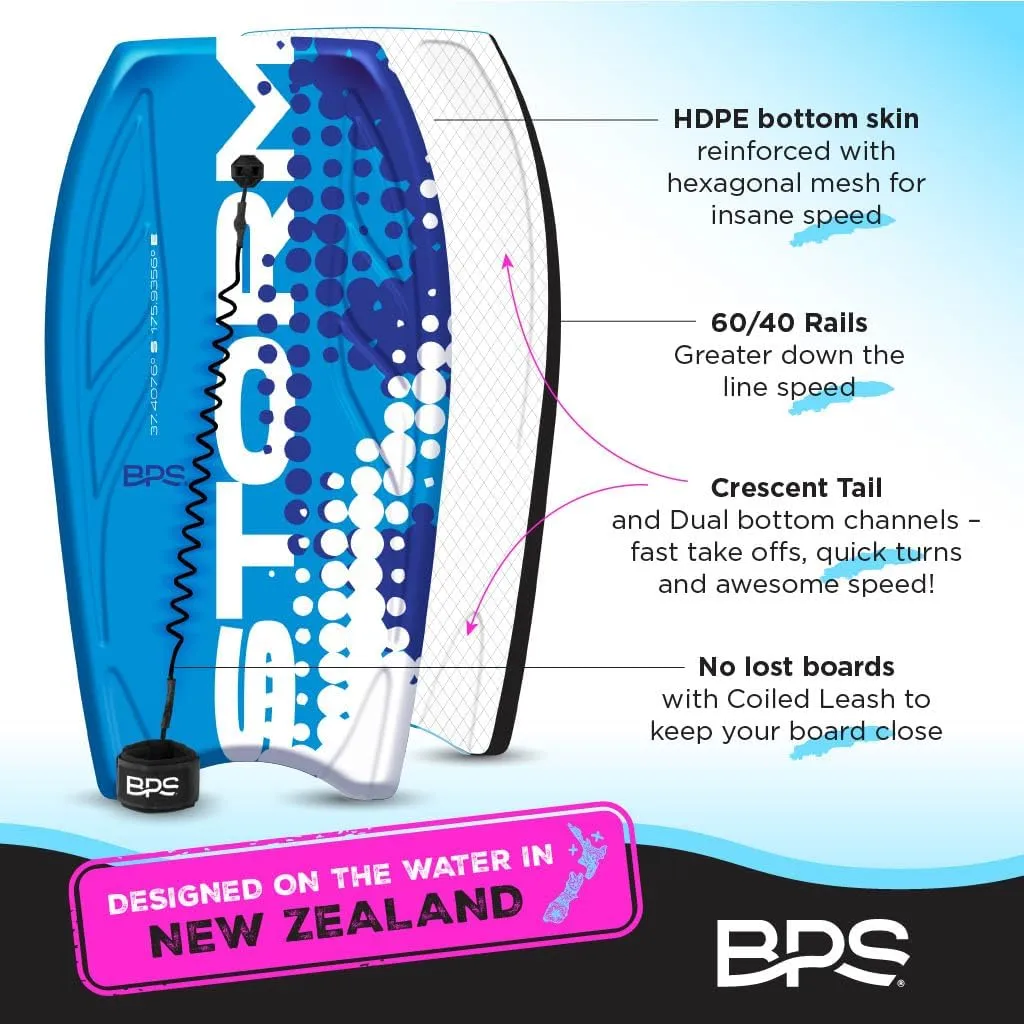 BPS ‘Storm’ Pro 42.5" Body Board for All Wave Conditions – Lightweight BodyBoards for Beach with EPS Core HDPE Slick Bottom IXPE Deck with Wrist Leash and Plug for Kids and Adults