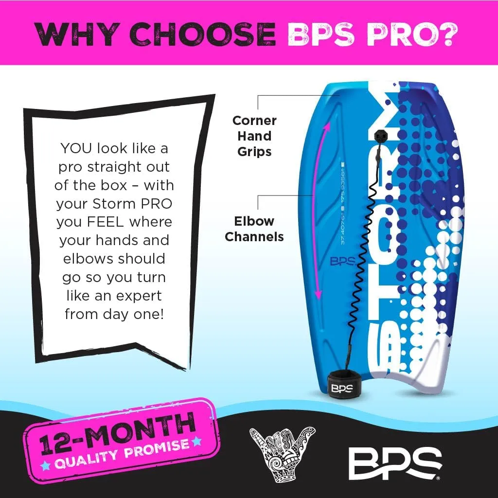 BPS ‘Storm’ Pro 42.5" Body Board for All Wave Conditions – Lightweight BodyBoards for Beach with EPS Core HDPE Slick Bottom IXPE Deck with Wrist Leash and Plug for Kids and Adults