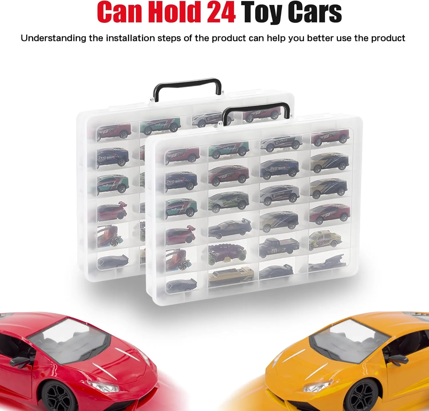 Brappo Toy Organizer Case Compatible with Hot Wheels Cars, Matchbox Cars, Mini Toys, Small Dolls etc, Hard Portable Toy Storage Display Box with 24 compartments, 2 Pack.(Case only) (2 Clear)