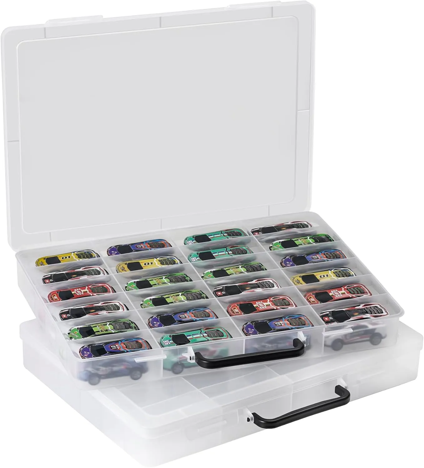 Brappo Toy Organizer Case Compatible with Hot Wheels Cars, Matchbox Cars, Mini Toys, Small Dolls etc, Hard Portable Toy Storage Display Box with 24 compartments, 2 Pack.(Case only) (2 Clear)