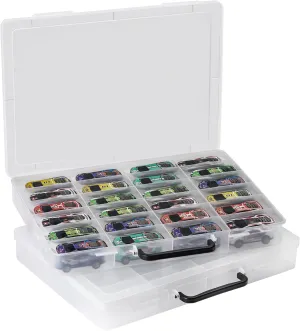 Brappo Toy Organizer Case Compatible with Hot Wheels Cars, Matchbox Cars, Mini Toys, Small Dolls etc, Hard Portable Toy Storage Display Box with 24 compartments, 2 Pack.(Case only) (2 Clear)