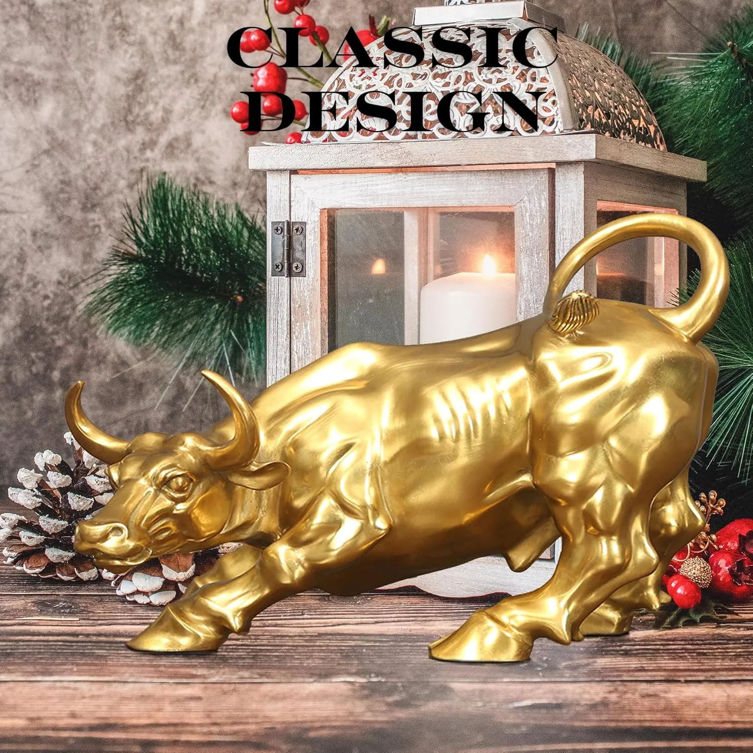 Brass Bull Figurine -Wall Street Bull Art Decor,Bronze Bull/Cow/Ox Figure Statues and Sculptures Home Office Decor (A-Gold)