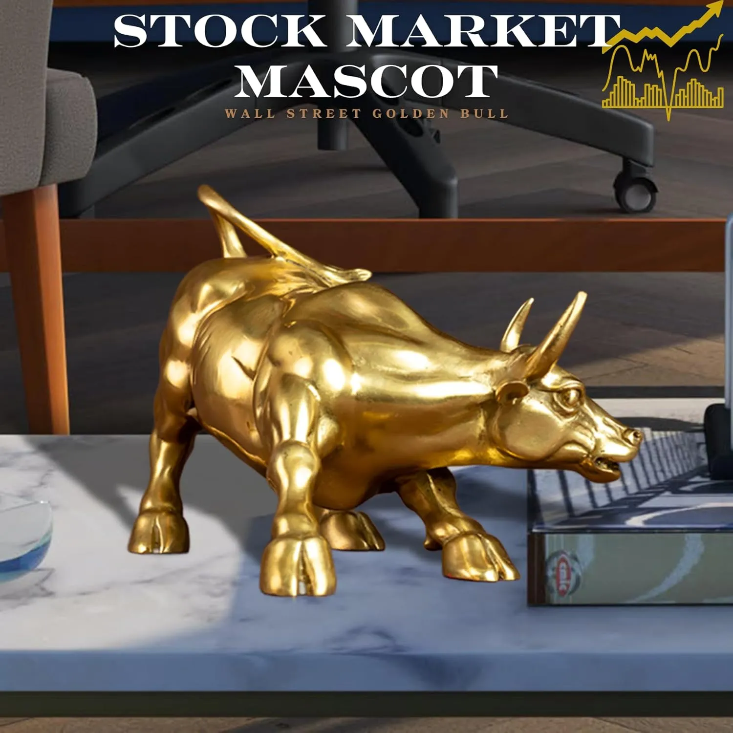 Brass Bull Figurine -Wall Street Bull Art Decor,Bronze Bull/Cow/Ox Figure Statues and Sculptures Home Office Decor (A-Gold)