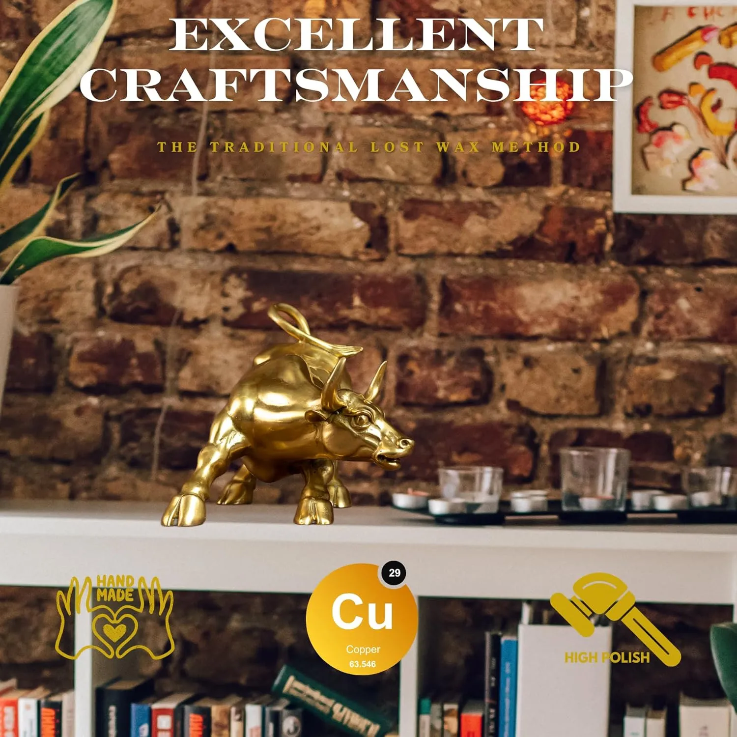 Brass Bull Figurine -Wall Street Bull Art Decor,Bronze Bull/Cow/Ox Figure Statues and Sculptures Home Office Decor (A-Gold)