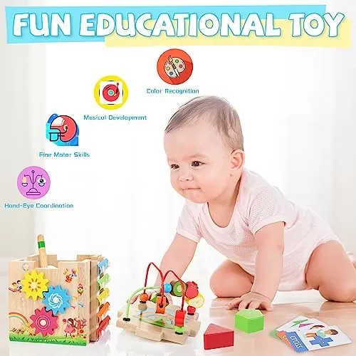 Bravmate Wooden Activity Cube, 8-in-1 Montessori Toys for 1-2 Year Old Boys & Girls, Multipurpose Educational Toy for 12M  Baby Toddler, First Birthday Gift with Word Cards | Sorting & Stacking Board