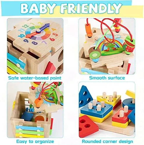 Bravmate Wooden Activity Cube, 8-in-1 Montessori Toys for 1-2 Year Old Boys & Girls, Multipurpose Educational Toy for 12M  Baby Toddler, First Birthday Gift with Word Cards | Sorting & Stacking Board