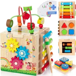 Bravmate Wooden Activity Cube, 8-in-1 Montessori Toys for 1-2 Year Old Boys & Girls, Multipurpose Educational Toy for 12M  Baby Toddler, First Birthday Gift with Word Cards | Sorting & Stacking Board