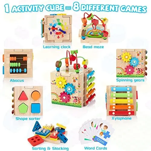 Bravmate Wooden Activity Cube, 8-in-1 Montessori Toys for 1-2 Year Old Boys & Girls, Multipurpose Educational Toy for 12M  Baby Toddler, First Birthday Gift with Word Cards | Sorting & Stacking Board