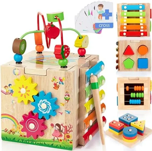 Bravmate Wooden Activity Cube, 8-in-1 Montessori Toys for 1-2 Year Old Boys & Girls, Multipurpose Educational Toy for 12M  Baby Toddler, First Birthday Gift with Word Cards | Sorting & Stacking Board
