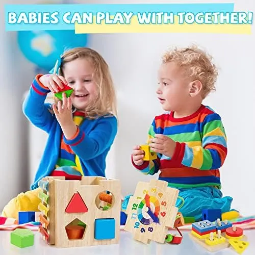 Bravmate Wooden Activity Cube, 8-in-1 Montessori Toys for 1-2 Year Old Boys & Girls, Multipurpose Educational Toy for 12M  Baby Toddler, First Birthday Gift with Word Cards | Sorting & Stacking Board