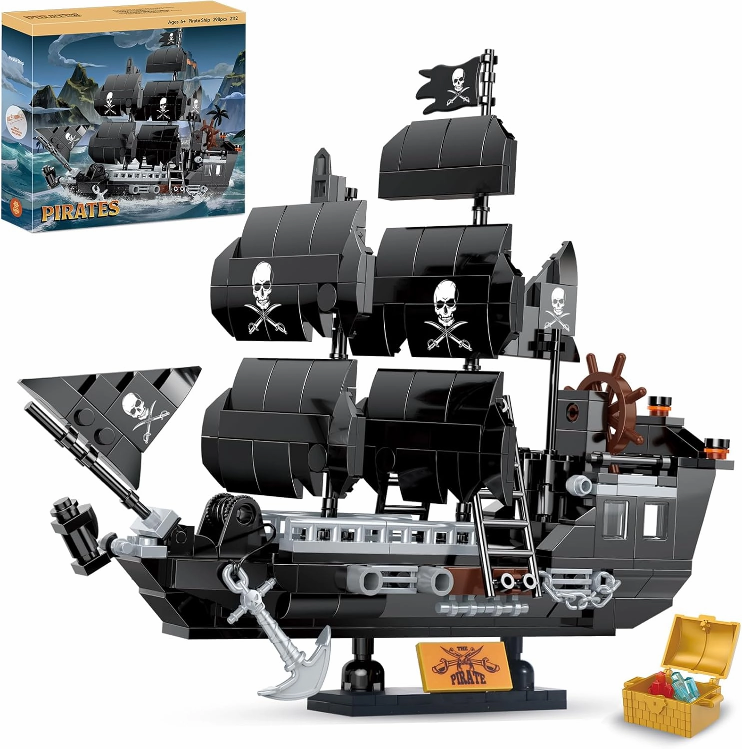 BRICK STORY Pirate Ship Building Sets Pirates Model Kits 298 Pieces Creative Black Ships Building Blocks Toys Gift for Boys Ages 6 , Pirate Themed Boat Collection Toy for Kids & Adult