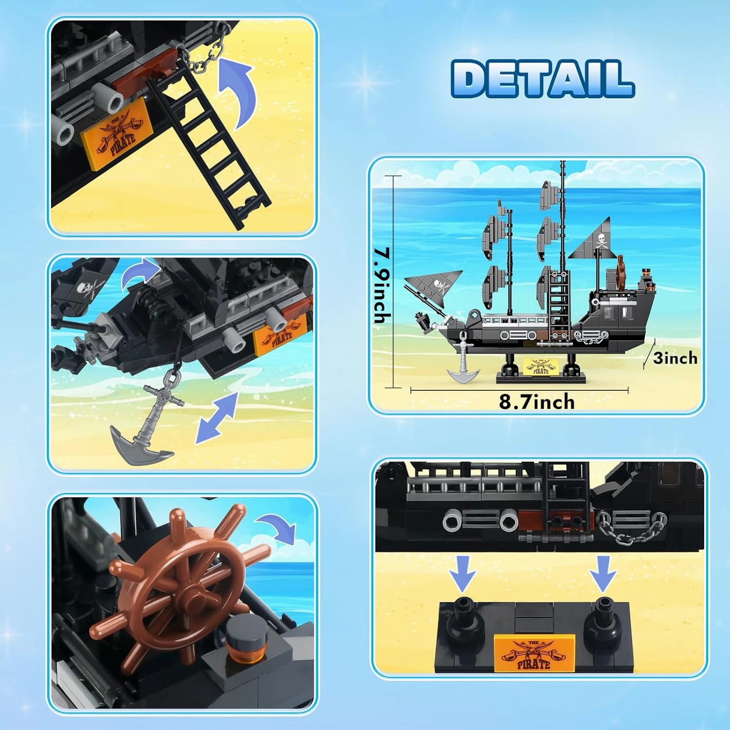 BRICK STORY Pirate Ship Building Sets Pirates Model Kits 298 Pieces Creative Black Ships Building Blocks Toys Gift for Boys Ages 6 , Pirate Themed Boat Collection Toy for Kids & Adult
