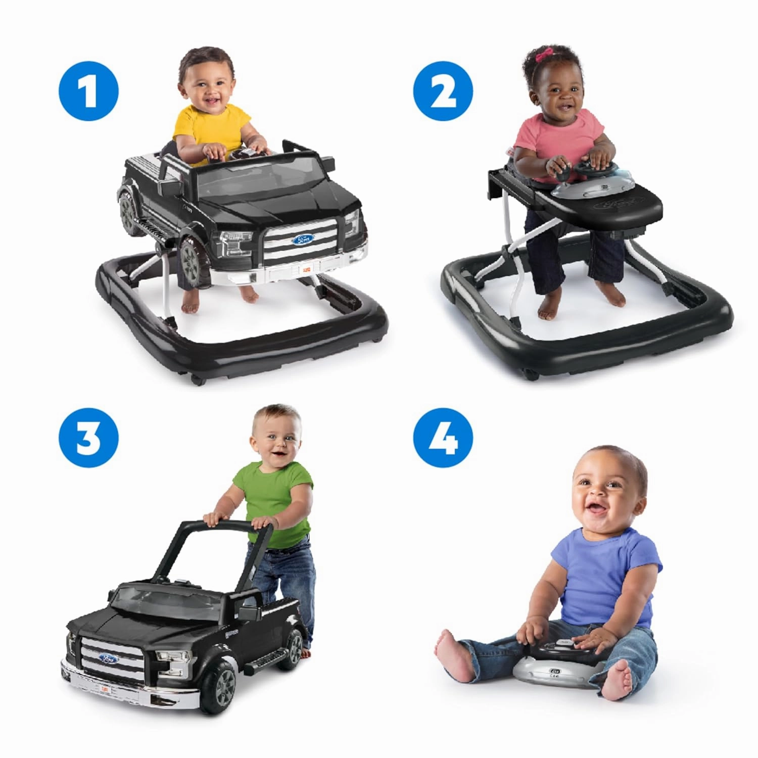 Bright Starts Ford F-150 4-in-1 Agate Black Baby Activity Center & Push Walker with Removable Interactive Steering Wheel-Toy, 6 Months and up