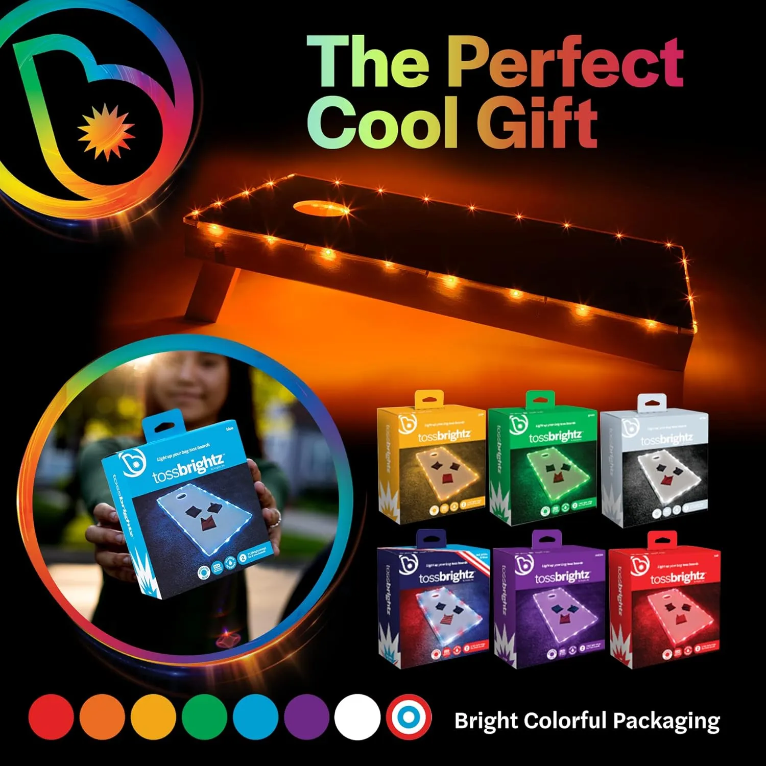 Brightz TossBrightz LED Cornhole Lights for Board and Hole - Includes Lights for 2 Boards - Lights Up Cornhole Board Edge and Hole - Keep The Game Going After Dark