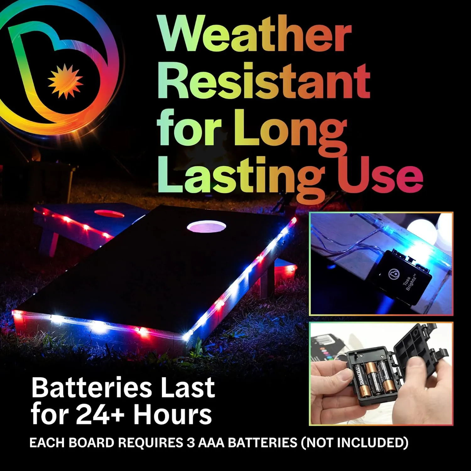 Brightz TossBrightz LED Cornhole Lights for Board and Hole - Includes Lights for 2 Boards - Lights Up Cornhole Board Edge and Hole - Keep The Game Going After Dark