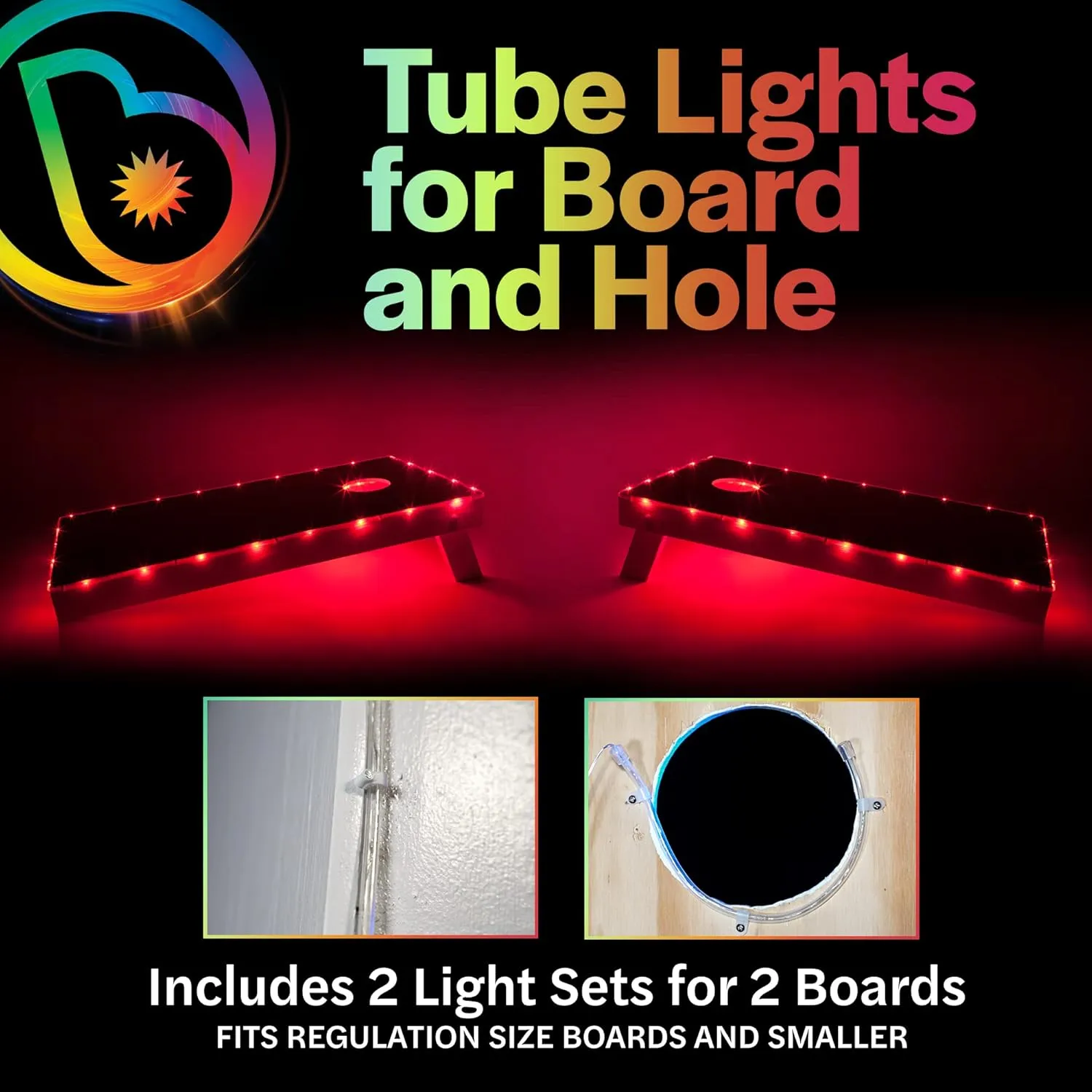 Brightz TossBrightz LED Cornhole Lights for Board and Hole - Includes Lights for 2 Boards - Lights Up Cornhole Board Edge and Hole - Keep The Game Going After Dark