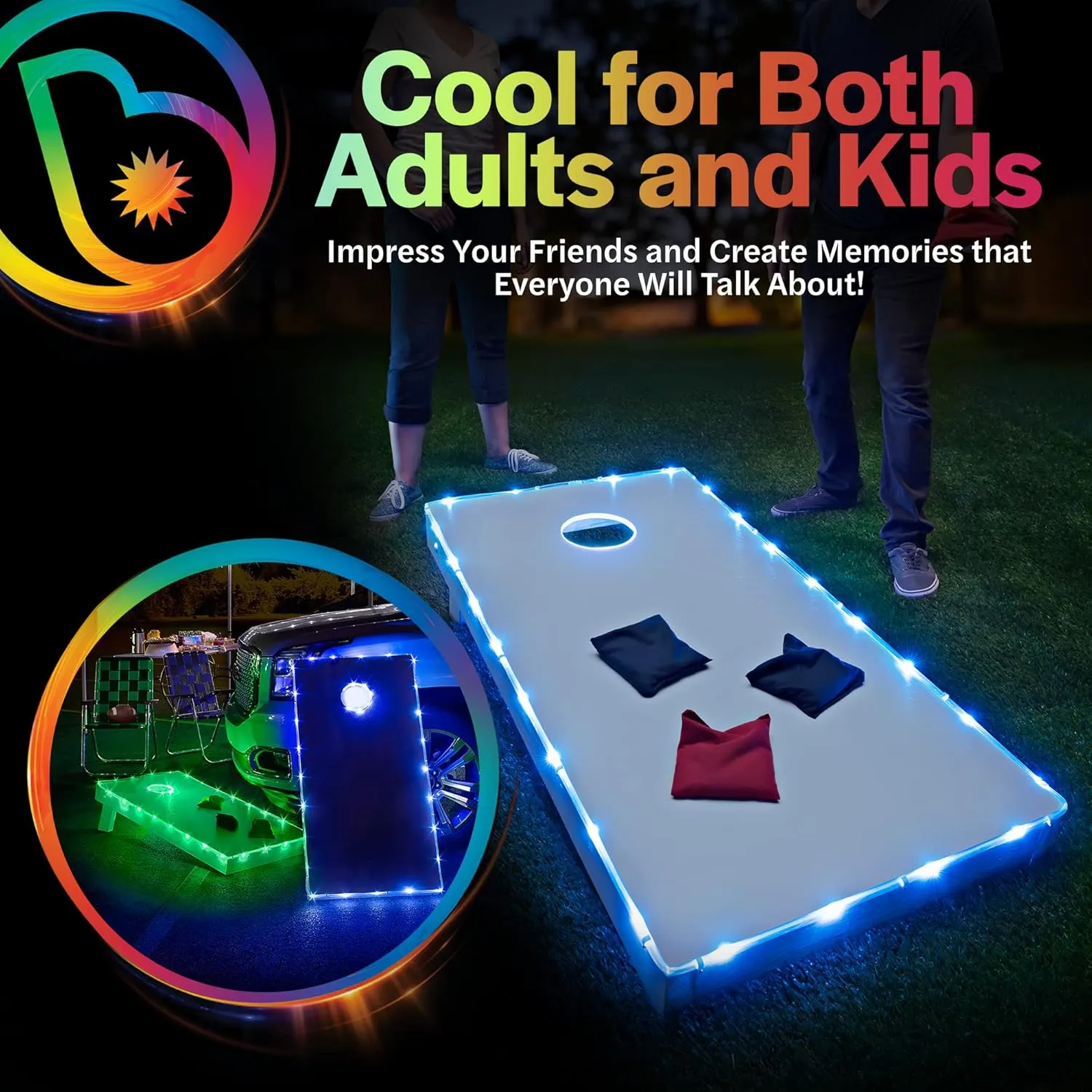 Brightz TossBrightz LED Cornhole Lights for Board and Hole - Includes Lights for 2 Boards - Lights Up Cornhole Board Edge and Hole - Keep The Game Going After Dark