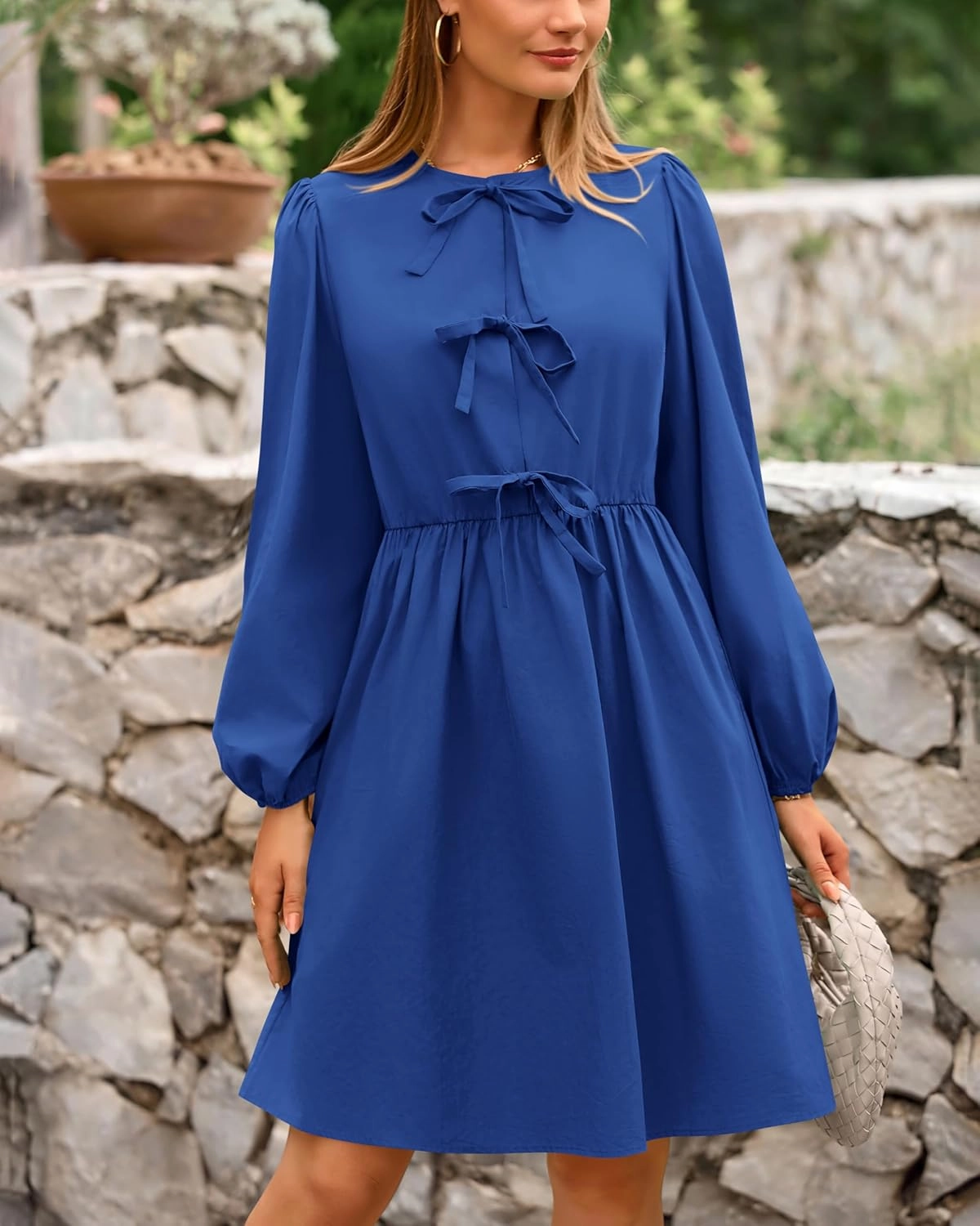 BTFBM Women's Casual Short Dress 2025 Bow Tie Front Puff Long Sleeve Button A Line Cute Y2K Going Out Dresses Pockets