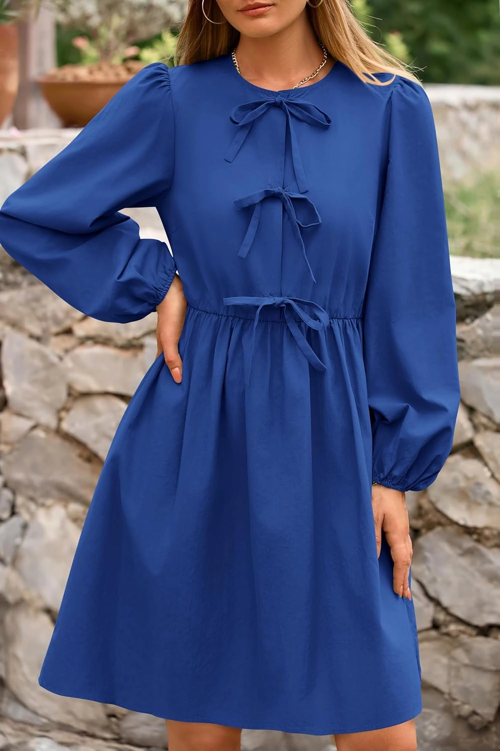 BTFBM Women's Casual Short Dress 2025 Bow Tie Front Puff Long Sleeve Button A Line Cute Y2K Going Out Dresses Pockets