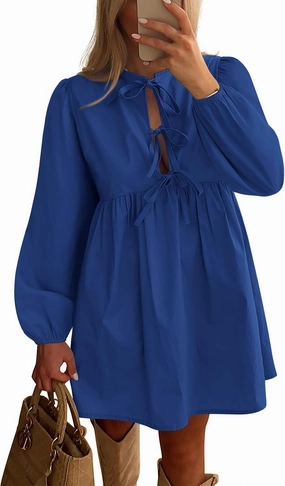 BTFBM Women's Casual Short Dress 2025 Bow Tie Front Puff Long Sleeve Button A Line Cute Y2K Going Out Dresses Pockets