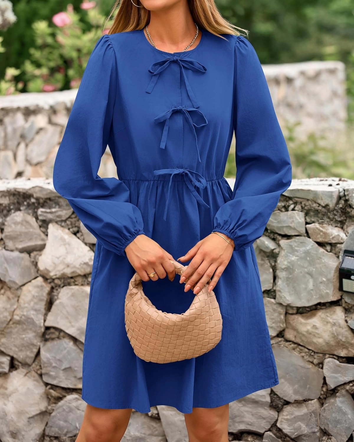 BTFBM Women's Casual Short Dress 2025 Bow Tie Front Puff Long Sleeve Button A Line Cute Y2K Going Out Dresses Pockets