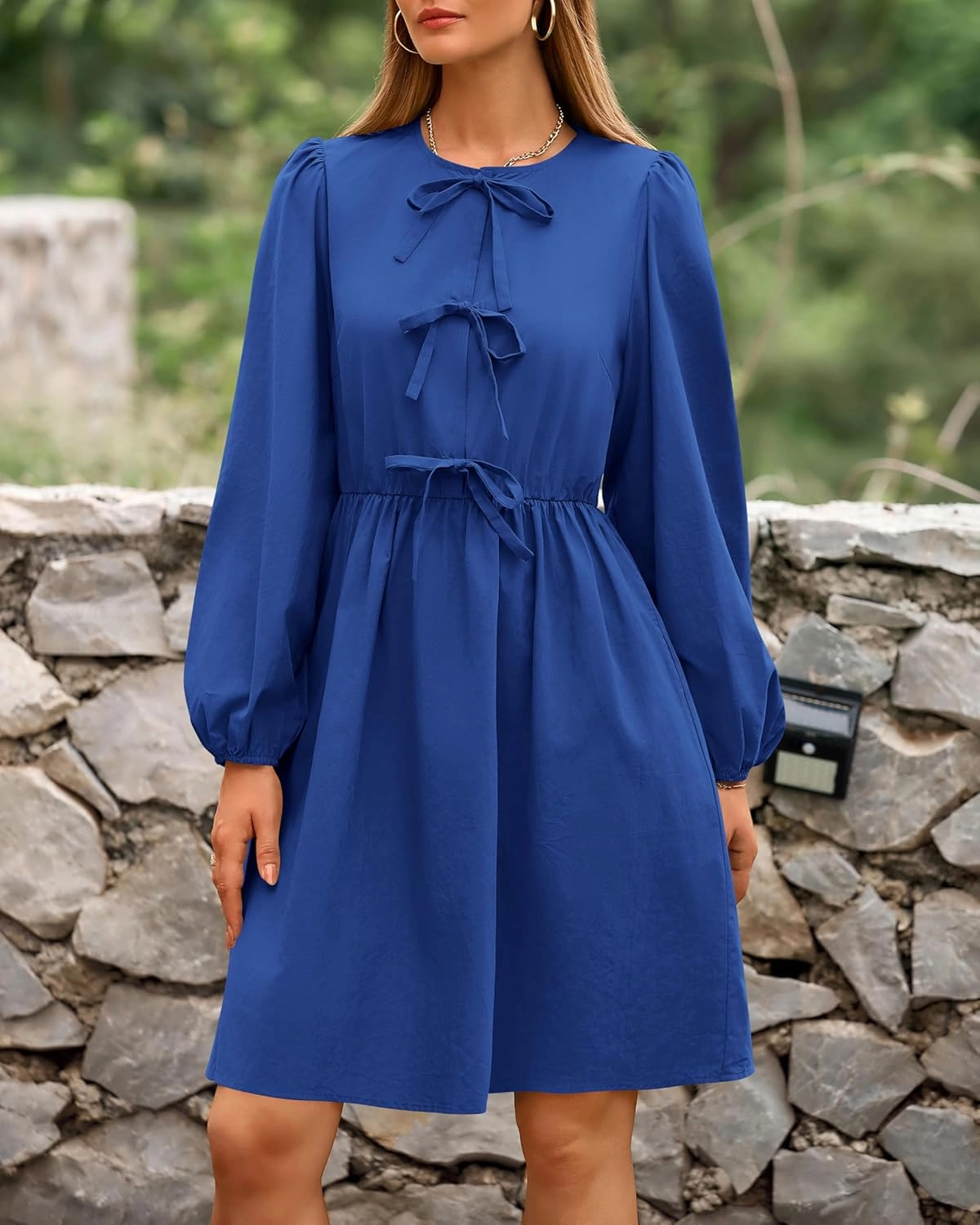 BTFBM Women's Casual Short Dress 2025 Bow Tie Front Puff Long Sleeve Button A Line Cute Y2K Going Out Dresses Pockets