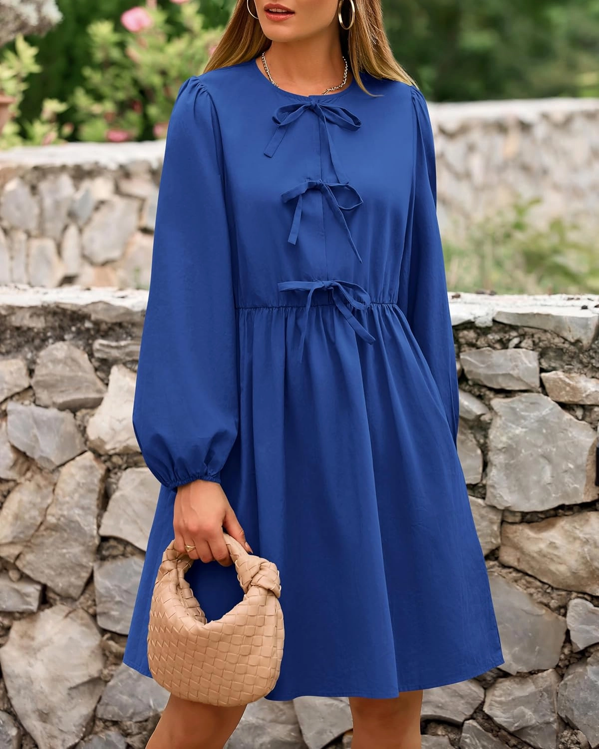 BTFBM Women's Casual Short Dress 2025 Bow Tie Front Puff Long Sleeve Button A Line Cute Y2K Going Out Dresses Pockets