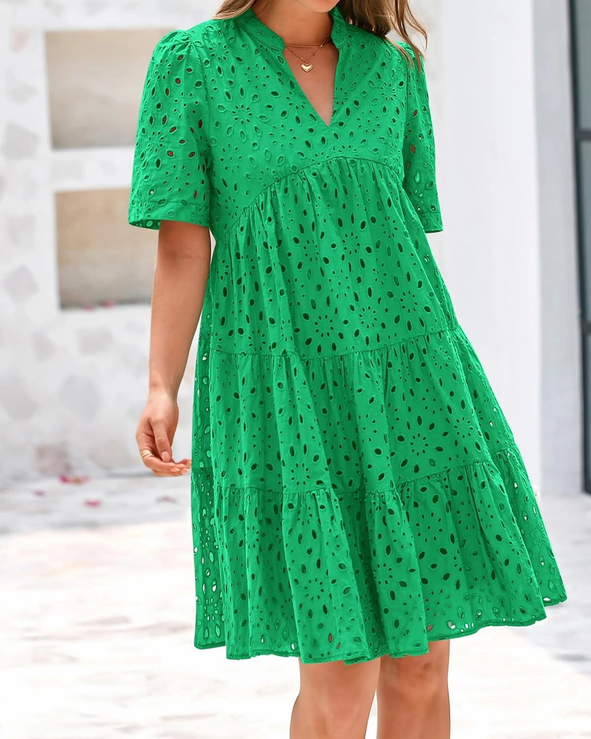 BTFBM Womens Boho Summer Dresses 2025 Resort V Neck Short Sleeve Hollow Out Lace Ruffle Casual Beach Mini Vacation Dress