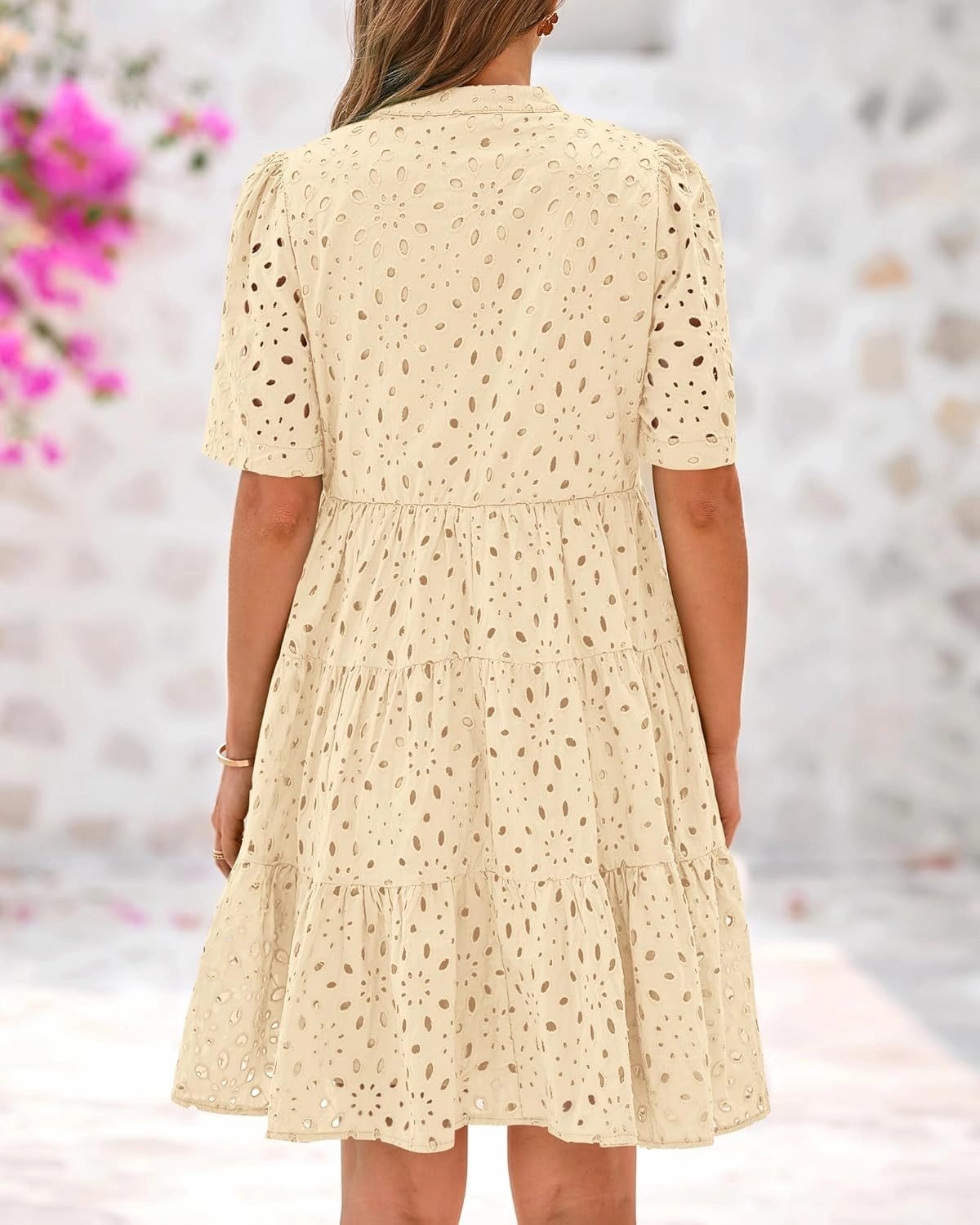 BTFBM Womens Boho Summer Dresses 2025 Resort V Neck Short Sleeve Hollow Out Lace Ruffle Casual Beach Mini Vacation Dress
