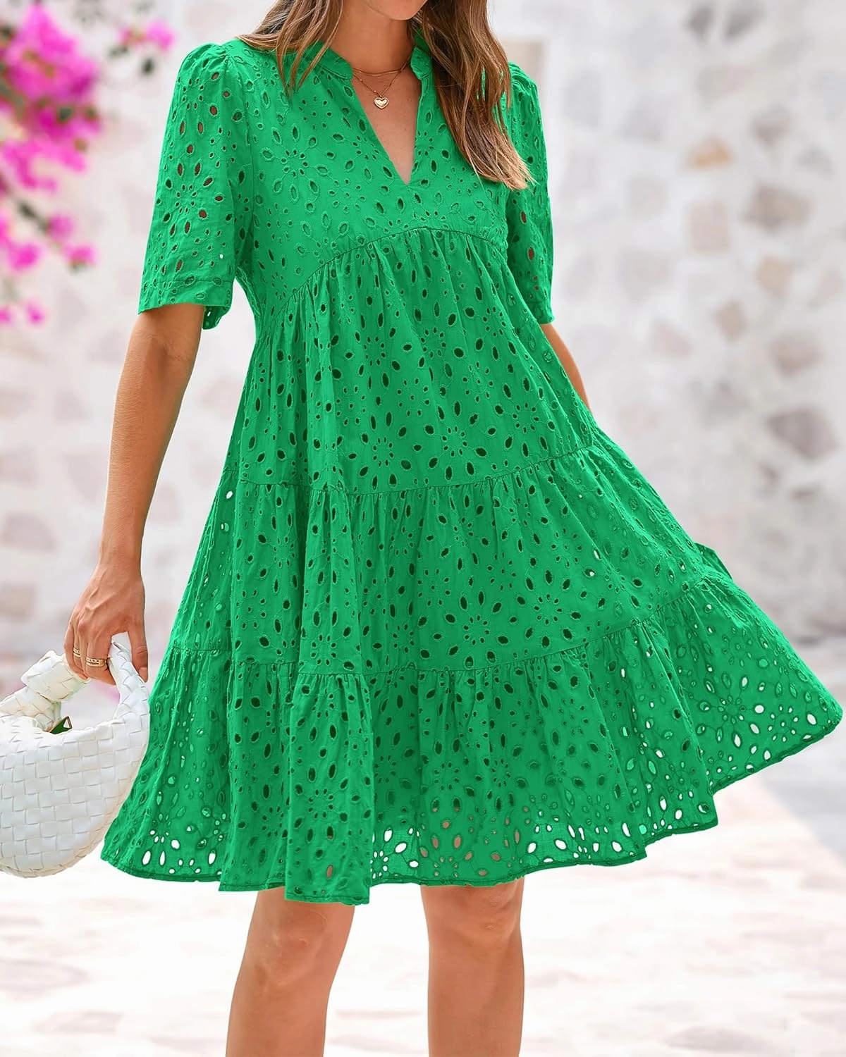 BTFBM Womens Boho Summer Dresses 2025 Resort V Neck Short Sleeve Hollow Out Lace Ruffle Casual Beach Mini Vacation Dress