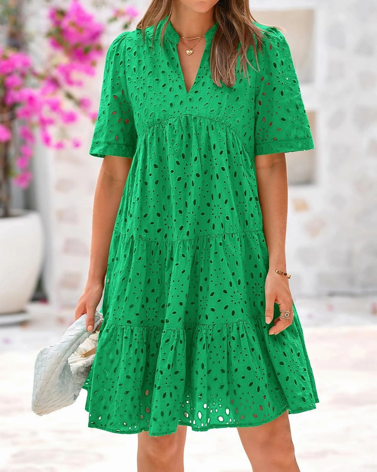 BTFBM Womens Boho Summer Dresses 2025 Resort V Neck Short Sleeve Hollow Out Lace Ruffle Casual Beach Mini Vacation Dress