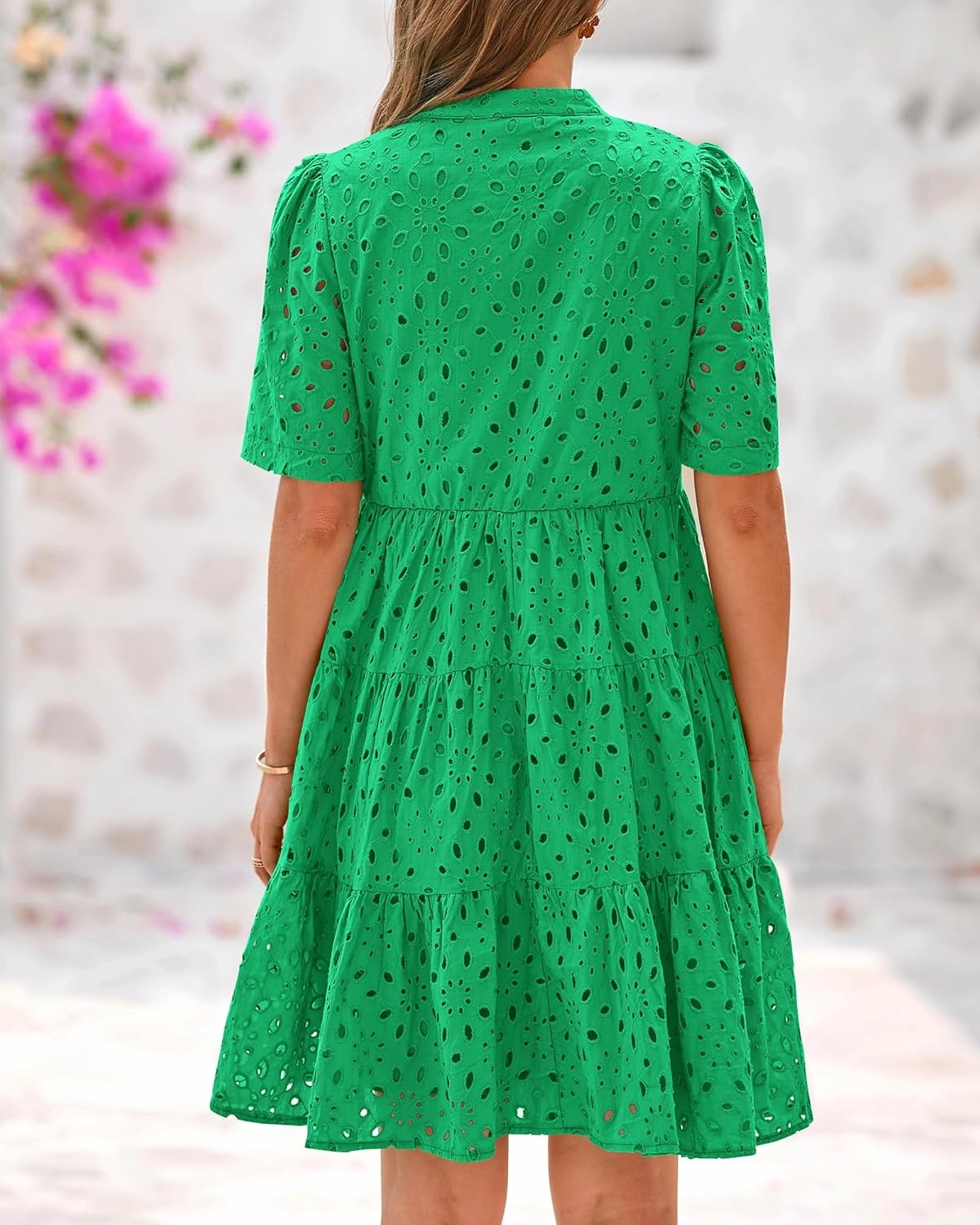 BTFBM Womens Boho Summer Dresses 2025 Resort V Neck Short Sleeve Hollow Out Lace Ruffle Casual Beach Mini Vacation Dress