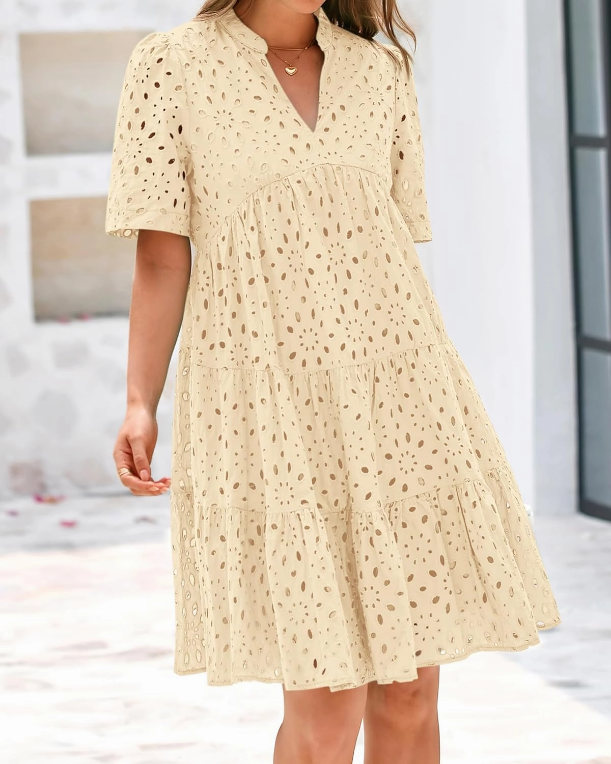 BTFBM Womens Boho Summer Dresses 2025 Resort V Neck Short Sleeve Hollow Out Lace Ruffle Casual Beach Mini Vacation Dress