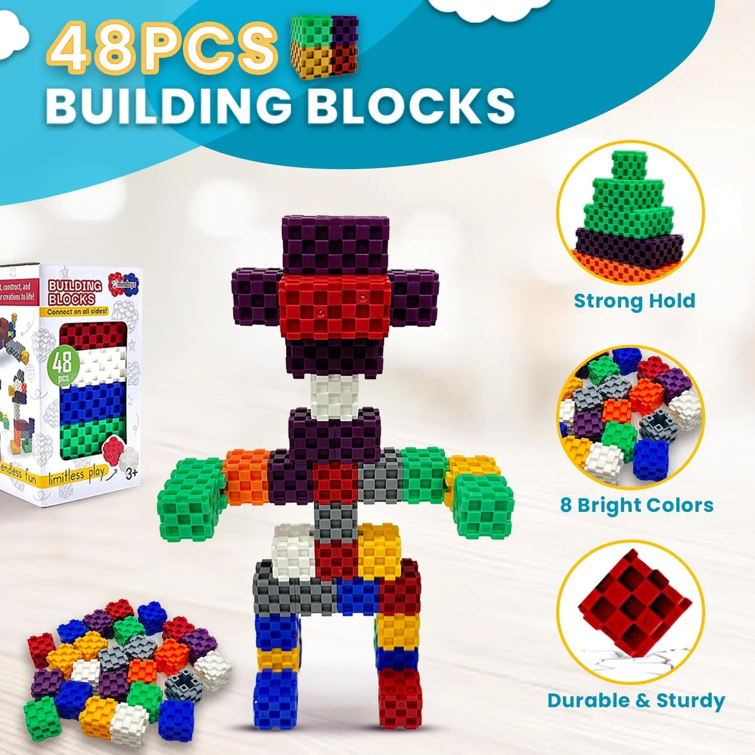 Building Blocks - 48 PCS STEM Educational Building Blocks for Toddlers and Kids Ages 3 to 9  | Creative & Fun Building Toys for Boys and Girls - Ideal Christmas or Birthday Gift