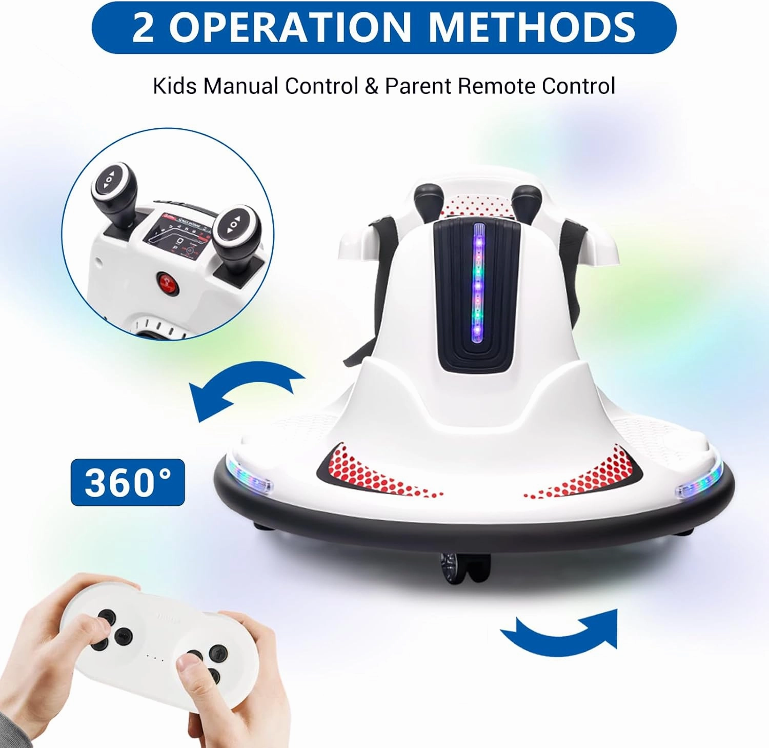 Bumper Cars for Toddlers, Electric Ride On Car, Kids Car with Remote Control, 360 Degree Spin, LED Lights, Ride On Toys for Kids, White