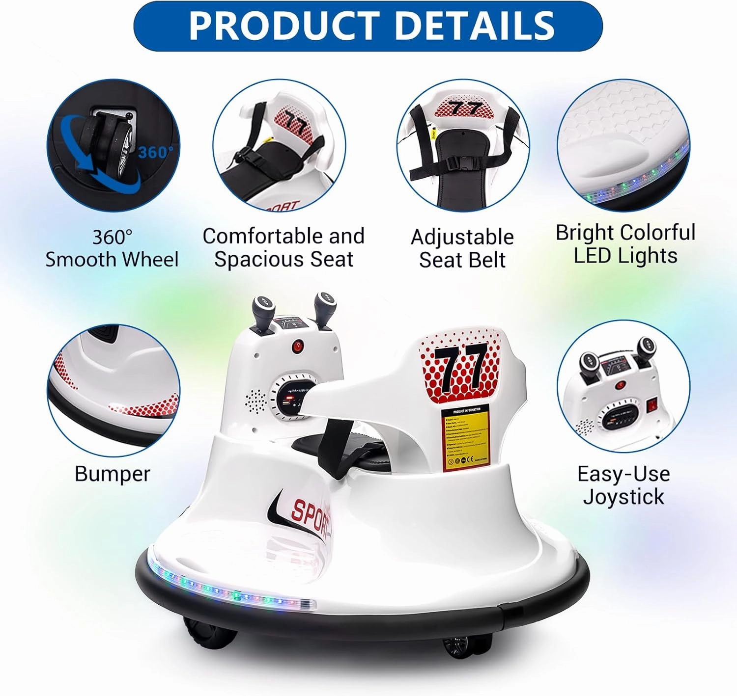 Bumper Cars for Toddlers, Electric Ride On Car, Kids Car with Remote Control, 360 Degree Spin, LED Lights, Ride On Toys for Kids, White
