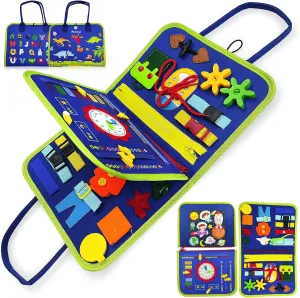 Busy Board Montessori Toys for 3  Year Old Birthday Gifts, Developing Sensory Toy for Fine Motor Skills, Busy Book for Toddlers 3-5, Educational Travel Toys for Kids, Blue(p4)