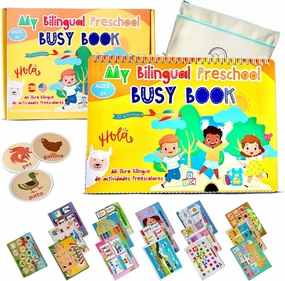 Busy Book for Toddlers 3 and Up – Preschool Learning Activities Bilingual Book in Spanish and English with 32 Activities – Educational Toddler Activity Book with 8 Color Markers