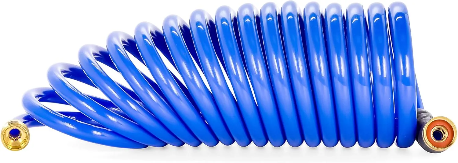 Camco 20’ Coiled Water Nozzle with Adjustable Spray Pattern Kit – Hose Design Prevents Kinking and Tangling, for Car Washing and Gardening (41980)