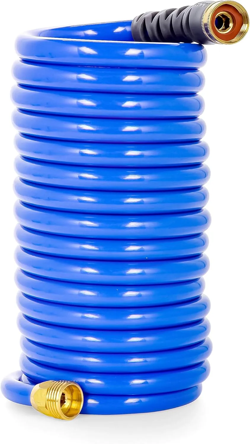 Camco 20’ Coiled Water Nozzle with Adjustable Spray Pattern Kit – Hose Design Prevents Kinking and Tangling, for Car Washing and Gardening (41980)
