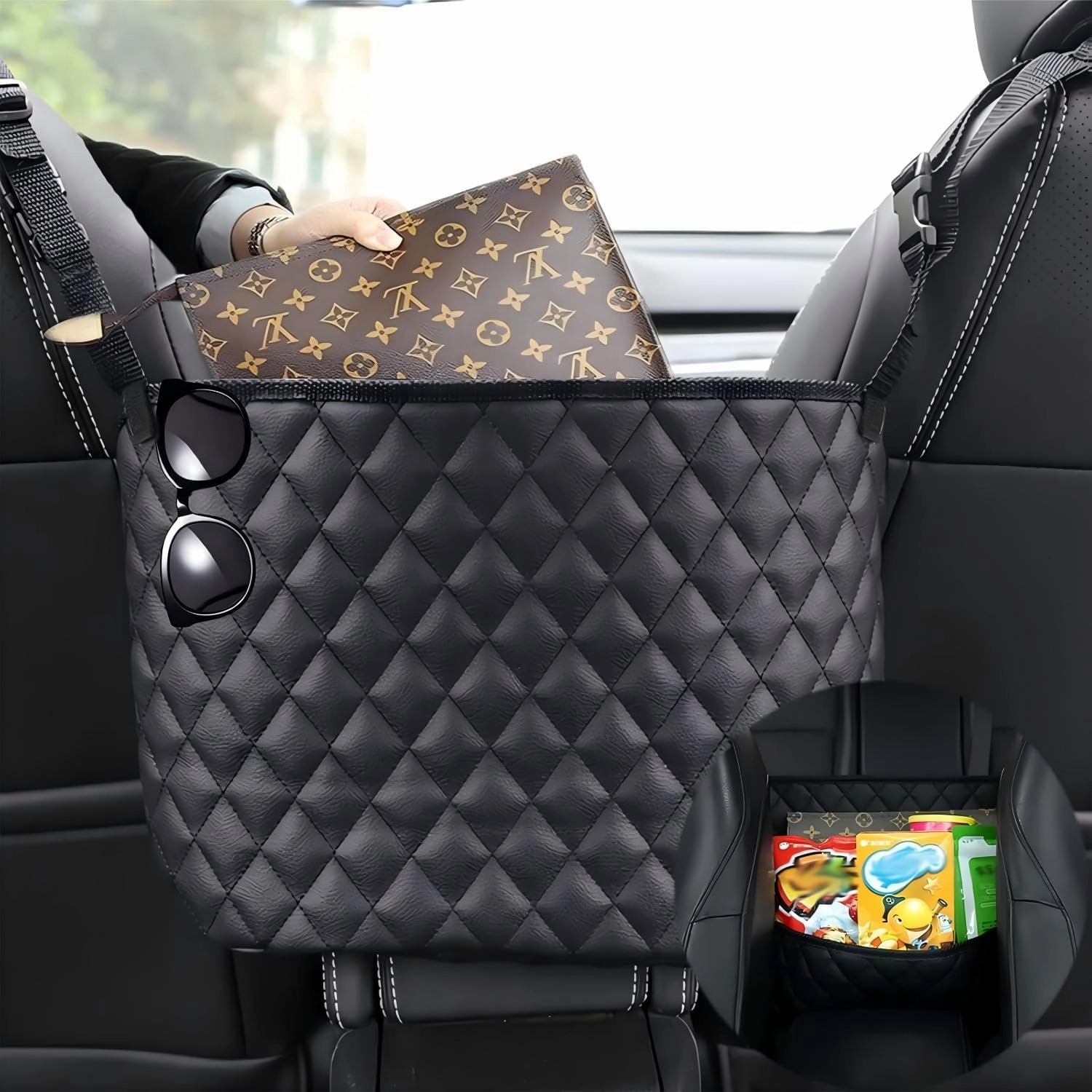 Car Net Pocket Handbag Holder，Purse Holder for Between Seats，Leather Seat Back Organizer Mesh Large Capacity Bag，Handbag Between The Two Seats