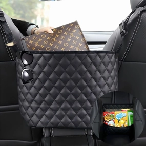 Car Net Pocket Handbag Holder，Purse Holder for Between Seats，Leather Seat Back Organizer Mesh Large Capacity Bag，Handbag Between The Two Seats