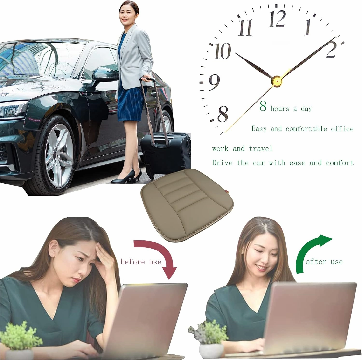 Car Seat Cushion Pad for Driving Seat Cushions for Office Chairs/Truck Memory Foam Seat Cushion Comfortable and Durable,Khaki