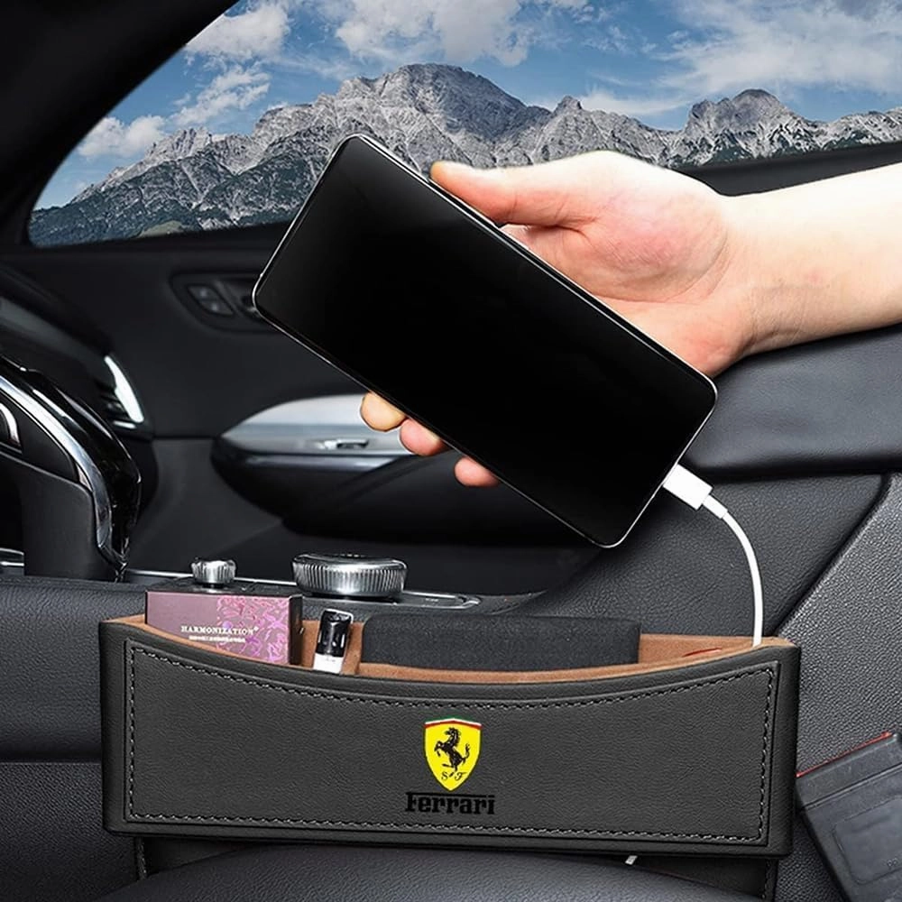 Car Seat Storage Box for Ferrari 430/458/488/599 Series Car Seat Gap Organizer Seat Side Bag Reserved Charging Cable Hole Car Accessories, Two Pieces-Black