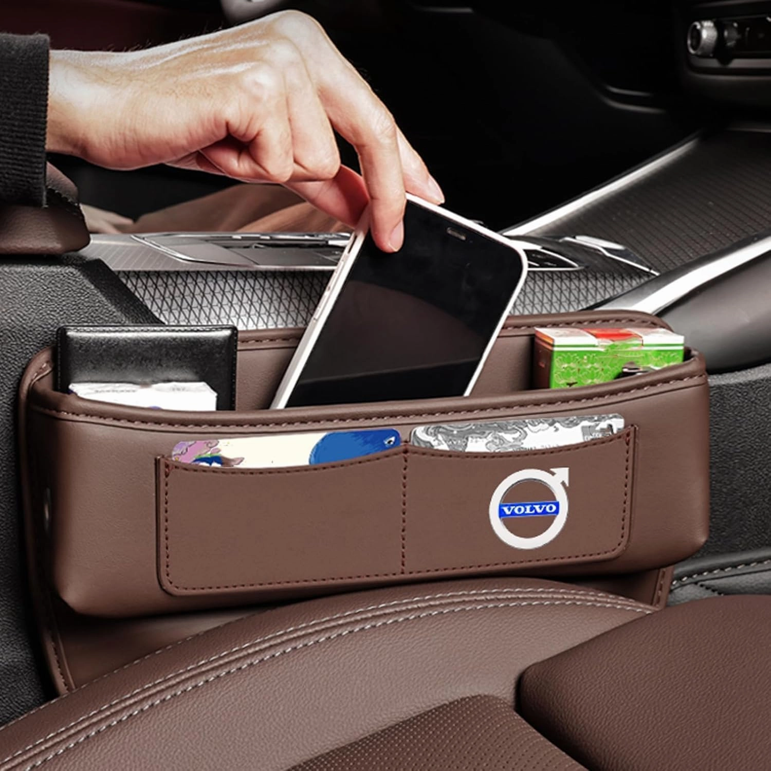 Car Seat Storage Box for Volvo XC60 S90 XC90 S60 XC40 Series Car Seat Gap Organizer Seat Side Bag Reserved Charging Cable Hole Car Accessories,Brown