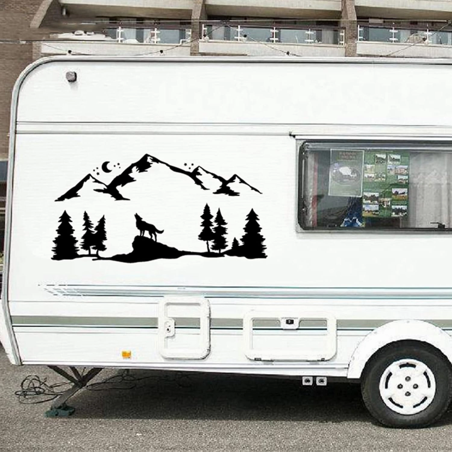 Car Vinyl Decal Stickers， for SUV RV Camper Offroad Howling Wolf Decoration Mountains Forest Animals Moonlight
