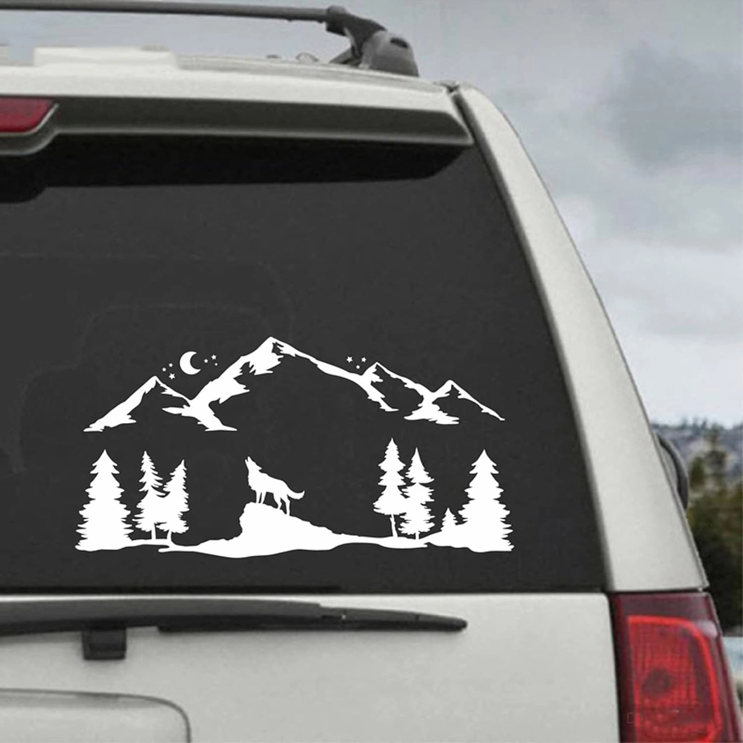 Car Vinyl Decal Stickers， for SUV RV Camper Offroad Howling Wolf Decoration Mountains Forest Animals Moonlight